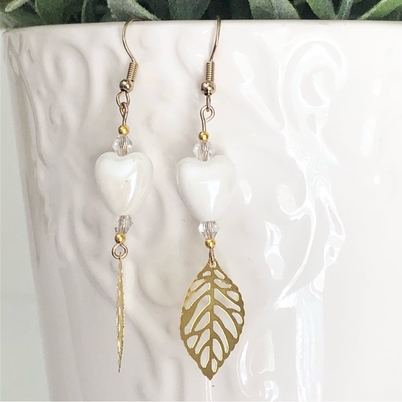 New White Ceramic Heart Glass Crystal Beaded Dangling Earrings Handmade Unique - Picture 4 of 9